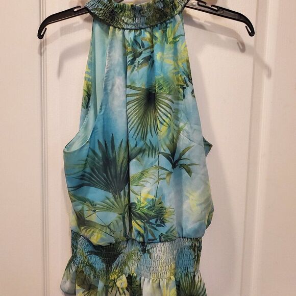 Tropical Halter Neck Smocked Peplum Top | Green Teal Leaf Print | Resort PL - Picture 6 of 9